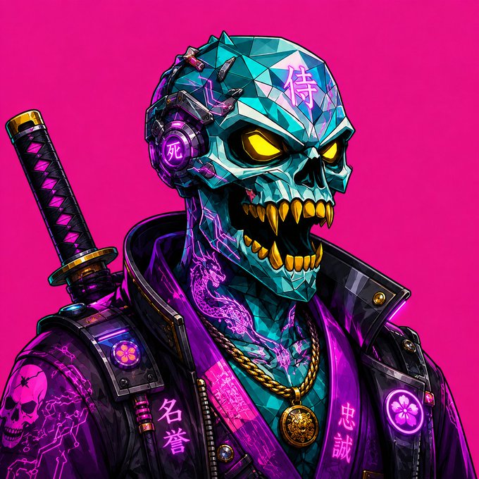 A vibrant cyberpunk-style illustration of a teal crystalline skull wearing samurai armor with a sword, featuring Japanese kanji characters and a pink background.