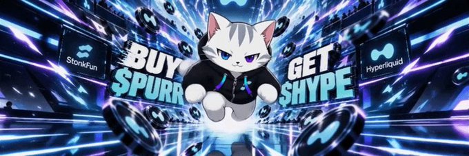 A stylized cat mascot character floats at the center of the vibrant banner, surrounded by glowing coin graphics and dynamic blue/purple energy effects. Bold text reads "BUY $PURR" and "GET $HYPE," with sponsor logos for Stonk.Fun and Hyperliquid displayed on either side, promoting the Solana token on Moby.