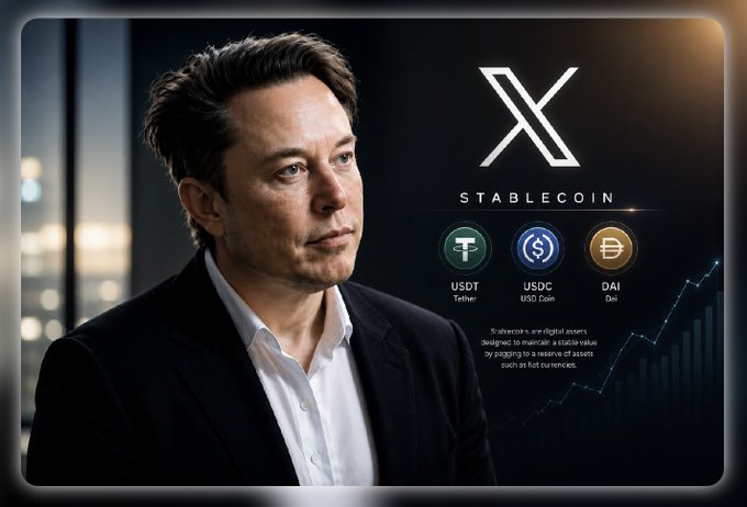 A promotional graphic featuring Elon Musk in a suit next to an 'X STABLECOIN' logo showcasing USDT (Tether), USDC (USDC Coin), and DAI (Dai) with a rising chart in the background.