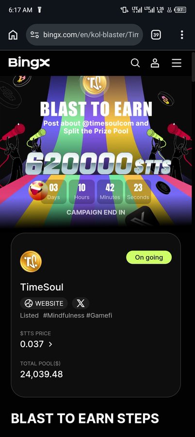 A BingX mobile webpage for a 'BLAST TO EARN' campaign featuring TimeSoul (TTS) with 620,000 $TTS prize pool, countdown timer showing 3 days remaining, and TTS price at 0.037.