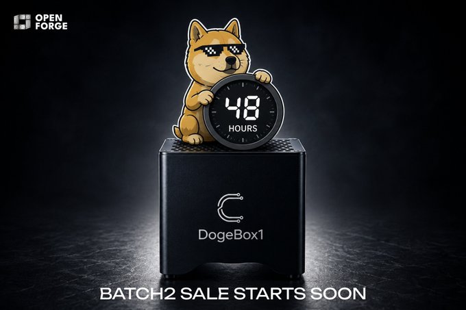 A promotional graphic for "DogeBox1" by OpenForge featuring a cartoon dog with pixel sunglasses holding a clock displaying "48 HOURS," with text announcing "BATCH2 SALE STARTS SOON."