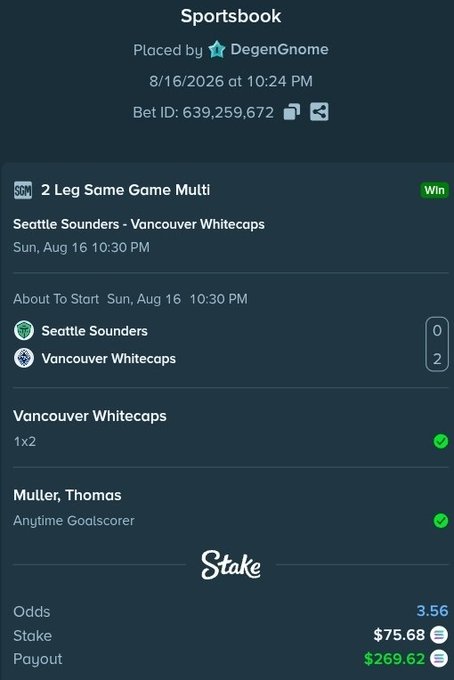 A Stake sportsbook screenshot showing a winning 2-leg same game multi bet on the Seattle Sounders vs Vancouver Whitecaps match on August 16, 2026, where the user backed the Vancouver Whitecaps to win (1X2) and Thomas Muller as an anytime goalscorer, turning a $75.68 stake into a $269.62 payout at 3.56 odds—aligning with the celebratory tone of the accompanying post tagging @WhitecapsFC and @Stake.