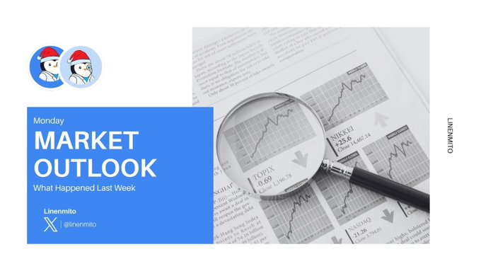 A 'Monday Market Outlook' graphic by Linenmito (@linenmito) titled 'What Happened Last Week,' showing a magnifying glass over a newspaper displaying TOPIX at 3.69 and NIKKEI at 45.6.