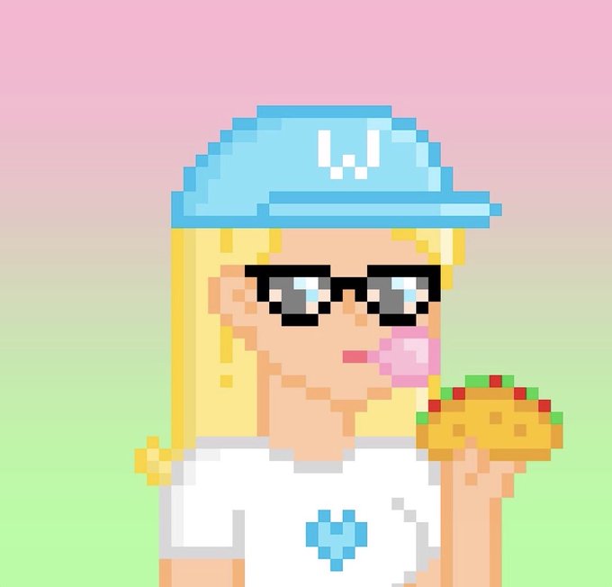 A pixel art character with long blonde hair, black sunglasses, a blue cap, and a white shirt featuring a blue heart is shown enjoying a taco with bubblegum, set against a pink and green gradient background that ties into the playful, community-focused vibe of celebrating a WifeySol NFT win.