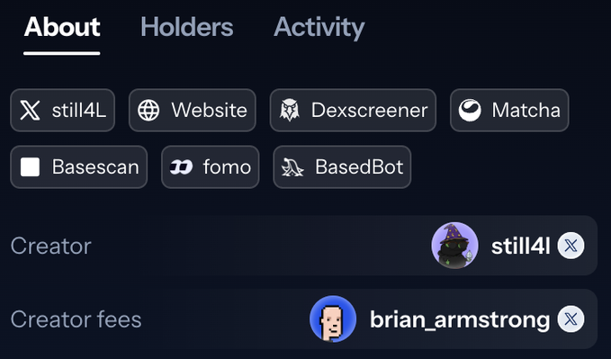 The image shows a token "About" page on what appears to be Base chain, displaying social links (X @still4L, Website, Dexscreener, Matcha, Basescan, fomo, BasedBot) and notably listing "brian_armstrong" as the creator fees recipient—contradicting the post's claim that $SPIKE token launches impersonating Brian Armstrong do not route fees to him, undermining the argument about creator fee impersonation.