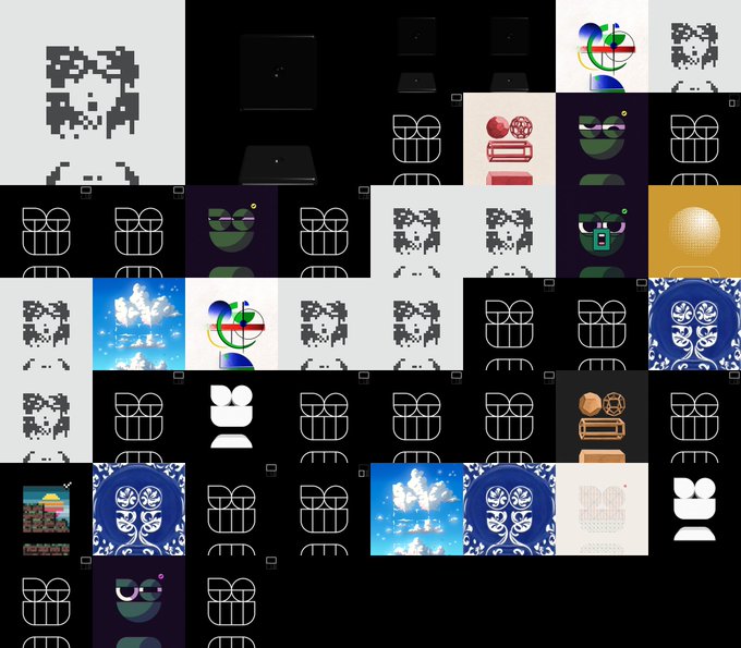 A collage featuring various pixel art characters, 3D icons of devices like laptops and tablets, stylized green creature faces with sunglasses, and abstract blue and orange circular designs.