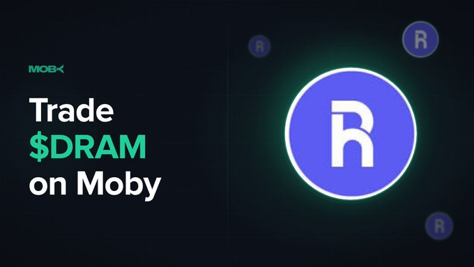 A promotional graphic for Moby featuring a large purple "R" logo on a dark background, with text reading "Trade $DRAM on Moby" alongside the Moby logo, announcing the availability of Roundhill's $DRAM token for trading on the Moby platform.