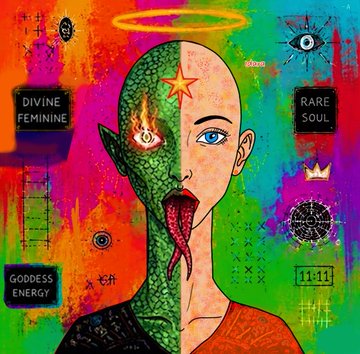 The image features an illustration of a woman with a green head and red lips, who has been transformed into a lizard by a fire-breathing dragon. The woman's face is split down the middle, with one half appearing as a human and the other as a lizard. The art piece also includes various symbols related to divinity, such as a crown and a halo, along with the words "Divine Feminine" and " Rare Soul".
