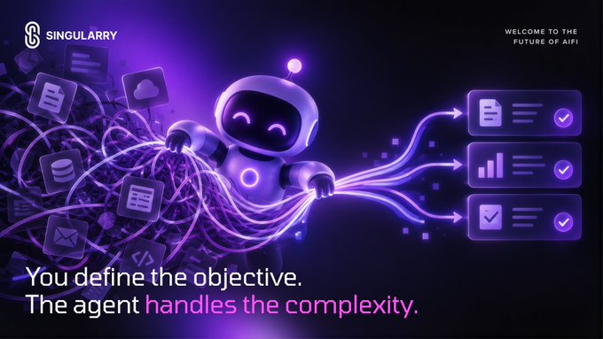 A promotional banner for Singularity shows a purple robot character with the tagline "You define the objective. The agent handles the complexity" and "WELCOME TO THE FUTURE OF AIFI" in the corner.