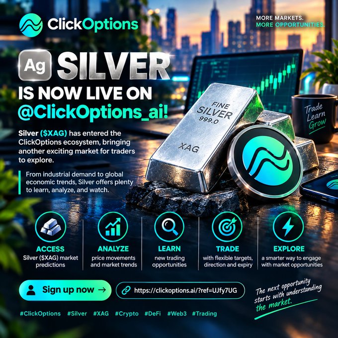 ClickOptions promotional graphic announcing Silver ($XAG) is now live on @ClickOptions_ai, highlighting Access, Analyze, Learn, Trade, and Explore features with hashtags #ClickOptions, #Silver, #XAG, #Crypto, #DeFi, #Web3, #Trading.