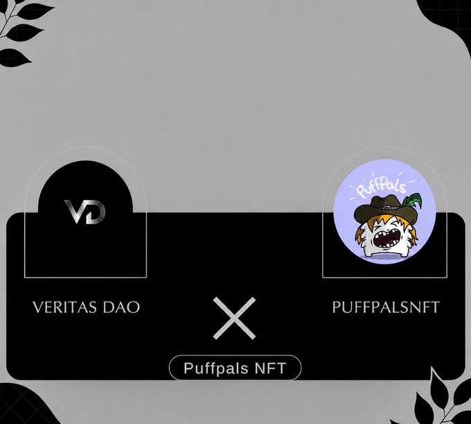 A minimalist graphic featuring the 'VD' Veritas DAO logo on the left and a cartoon 'PuffPals' character NFT logo on the right, separated by an 'X' and labeled 'Puffpals NFT' underneath, set against a gray and black background with leaf decorations.