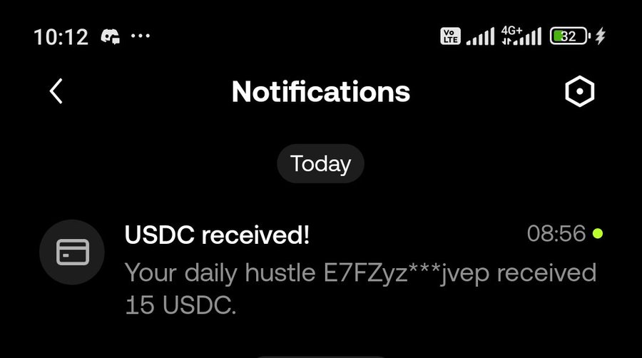 A smartphone screenshot of a notifications screen showing a message at 08:56 that reads 'USDC received! Your daily hustle E7FZyz***jvep received 15 USDC.'