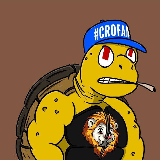This image depicts a muscular cartoon turtle smoking a cigar, wearing a baseball cap that reads \#CROFAN.

The image above is an NFT related image created by 0xf440c, as evident in the accompanying text of the tweet.