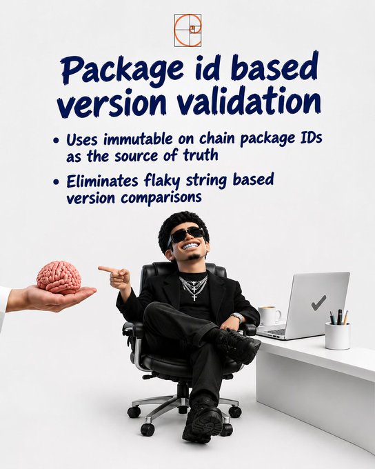 The image shows a meme-style graphic with the headline "Package ID based version validation," highlighting features like immutable on-chain package IDs as source of truth and eliminating flaky string-based version comparisons. A man wearing sunglasses and cross necklaces lounges confidently in an office chair, pointing at a brain being offered to him, while a laptop with a checkmark sits on his desk. The caption connects to the post's discussion of exploring Dubhe Engine and its V2 updates, illustrating how the new version validation system provides more reliable upgrade detection compared to traditional string-based methods.