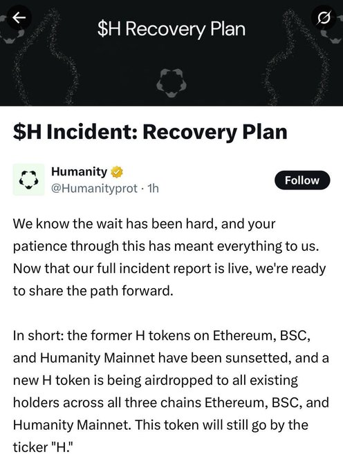 This image shows a screenshot of a cell phone screen with text displayed at the top which reads "$H incident: recovery plan". The words "Humânity" are also visible along with a "@" symbol. Below this, there is another piece of information provided in a different font style. To the right side of this information, it appears that the account or post has been shared on social media platforms as indicated by the hash tag "#tickers".