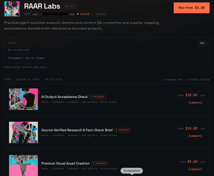 A screenshot of a seller profile page for 'RAAR Labs' offering 'agent-assisted research, website and content QA, competitor and supplier mapping, and evidence-backed briefs'. Listings include 'AI Output Acceptance Check', 'Source-Verified Research & Fact-Check Brief', and 'Premium Visual Asset Creation' with prices starting from $5.00 to $10.00 per job.