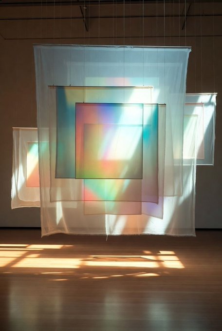 The image features an art installation with multiple hanging square panels, each exhibiting different colors of light. The panels are suspended from wires above a wooden floor, creating a visually striking display that captures the viewer's attention. The arrangement of these panels creates a sense of depth and dimension within the room, as well as a unique artistic experience for those who encounter it.