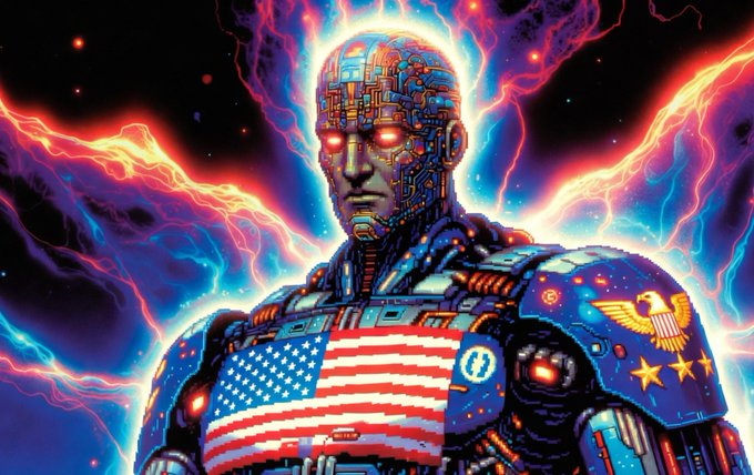 A futuristic cyborg warrior adorned with American flag motifs, military insignia, and stars stands against a cosmic backdrop of vibrant blue and red energy streaks.