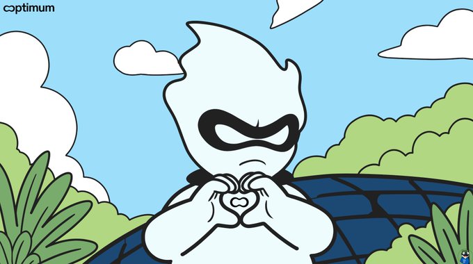 A cartoon illustration features a flame-headed superhero with a black mask making a heart shape with their hands against a blue sky background, with the 'Optimyum' logo in the top left.