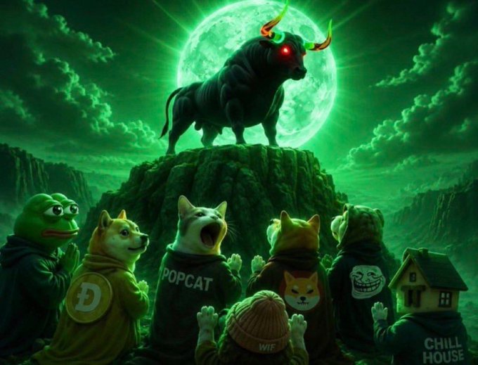 A group of meme coin mascots (including Pepe, Doge, Popcat, a Shiba, the Chillhouse house, and a WIF character) worship a giant black bull with glowing red eyes atop a rocky peak under a green moon, symbolizing bullish market enthusiasm. Text visible includes "POPCAT," "D," "WIF," and "CHILL HOUSE," tying the scene to the post's call for airdrops of $ANSEM to eager "degens."