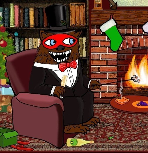A cartoon raccoon in a tuxedo, top hat, and red superhero mask sits in an armchair holding a cracker, in a chaotic holiday scene with a Christmas tree, fireplace, stockings, and scattered presents and bottles on the floor. The image humorously illustrates the "mischief night" side of the holidays, fitting the playful winking tone of the ";)" caption.