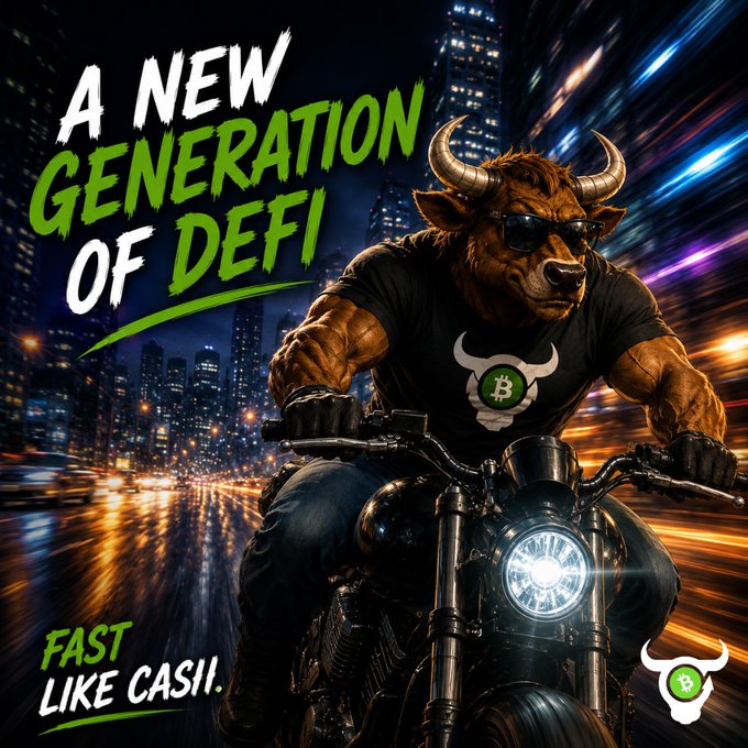 A promotional graphic featuring a muscular anthropomorphic bull wearing sunglasses riding a motorcycle through a neon city at night, with text reading 'A NEW GENERATION OF DEFI - FAST LIKE CASH' alongside a bull-themed Bitcoin logo.