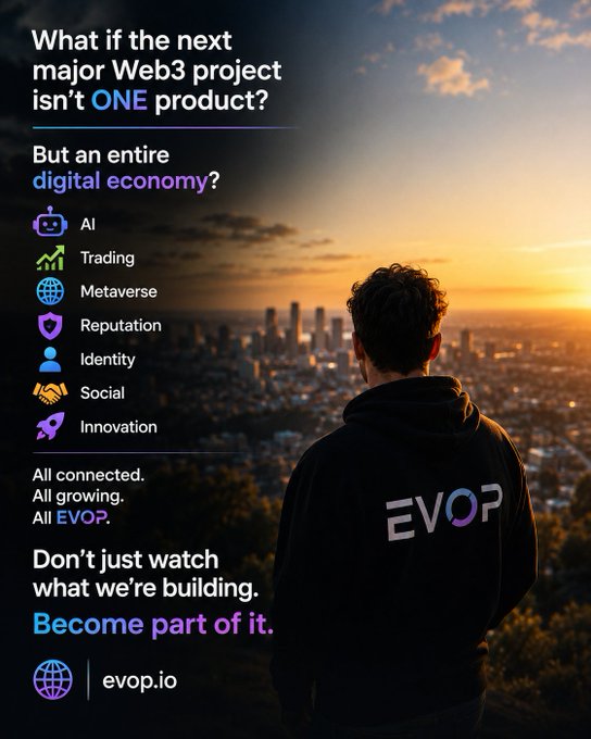 An advertisement for EVOP showing a person overlooking a city skyline at sunset, with text reading 'What if the next major Web3 project isn't ONE product? But an entire digital economy?' and listing categories like AI, Trading, Metaverse, and Innovation.