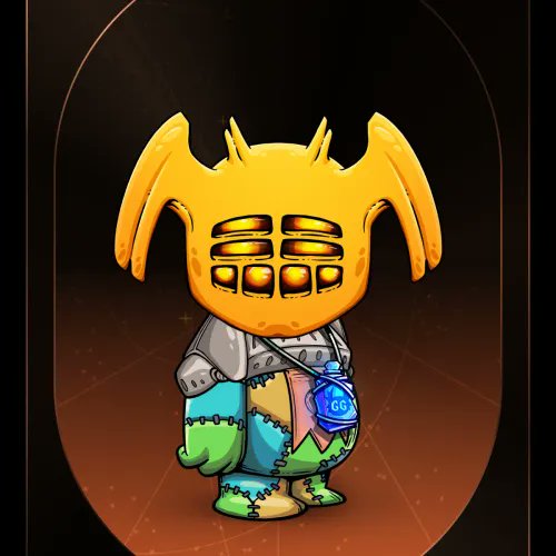 A 3D-rendered, stylized character stands with glowing eyes, wearing a jagged golden mask, a grey shirt, and colorful mismatched green and blue pants, with a blue medallion displaying 'GG'.