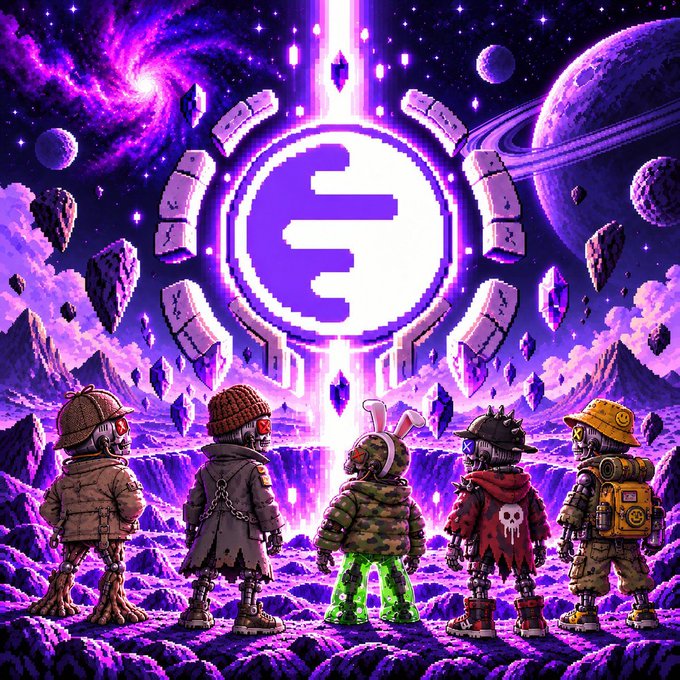 Five pixel-art adventurers stand on a purple alien landscape gazing up at a glowing emblem featuring a stylized "S" or "$" symbol surrounded by floating crystals and planets, fitting the cosmic NFT giveaway theme of the INKSIGIL × NFTNovaHQ 30 GTD prize contest.