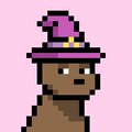 Pixel art of a brown dog-like character wearing a purple wizard hat with a yellow star, set against a pink background.