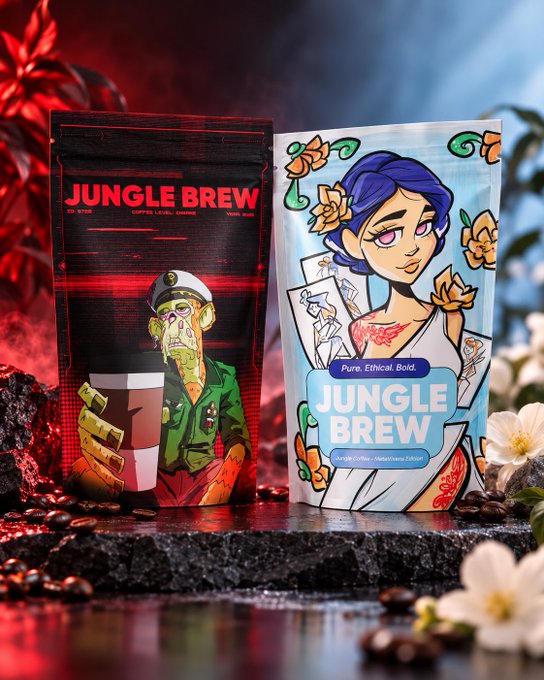 Two pouches of 'JUNGLE BREW' coffee displayed on a dark surface with coffee beans scattered around; the black bag on the left has a zombie captain design, while the light blue bag on the right features an anime-style woman with the tagline 'Pure. Ethical. Bold.'