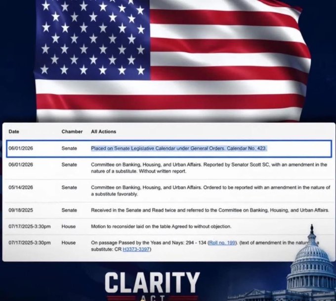 The image shows a poster with an American flag, which has been edited to include text related to the U.S. Senate's legislative calendar. The poster displays the text "BREAKING! The CLARITY Act has been added to the U.S. Senate Legislative Calendar." and "We are one step closer #XRP FAM. Holding assets is easy. Protecting them is not. Set up an LLC secure and protect your assets." This information suggests that there might be a new law or regulation related to asset protection, such as the CLARITY Act, which has been added to the Senate calendar. The poster aims to inform people about this development in a visually appealing manner using the patriotic imagery of the American flag.
