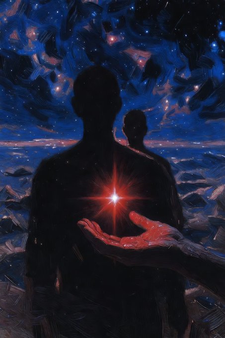 A silhouetted figure stands before a starry night sky, holding a glowing red star in their palm, with a smaller figure perched on their shoulder—evoking themes of hope, protection, and quiet renewal, fitting the title "The Silent Revival."