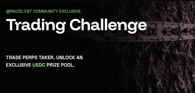 A promotional banner announces the "@RAIZELXBT COMMUNITY EXCLUSIVE Trading Challenge," inviting participants to "TRADE PERPS TAKER. UNLOCK AN EXCLUSIVE USDC PRIZE POOL," which complements the post's announcement of the RaizelX community-exclusive trading event offering up to 18,888 USDC in rewards on TXFlow from September 25 to October 5.