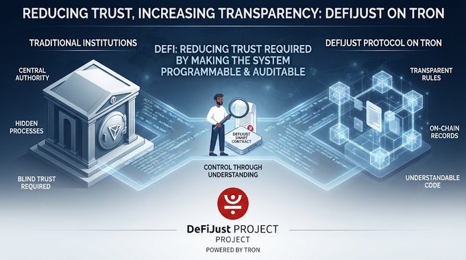 DeFiJust Project infographic titled 'REDUCING TRUST, INCREASING TRANSPARENCY: DEFIJUST ON TRON,' contrasting Traditional Institutions, DeFi, and the DeFiJust Protocol on Tron.