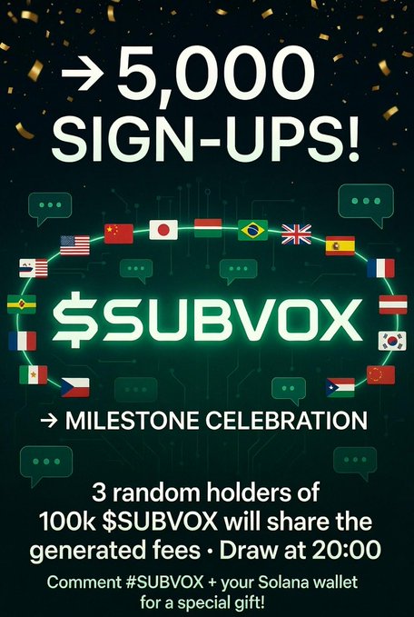 The image celebrates $SUBVOX reaching 5,000 sign-ups, featuring the project's name prominently in the center surrounded by various international flags and speech bubble icons against a dark green circuit-board background. The graphic announces a milestone celebration where 3 random holders of 100k $SUBVOX will share generated fees, with instructions to comment "#SUBVOX + your Solana wallet" for a special gift.