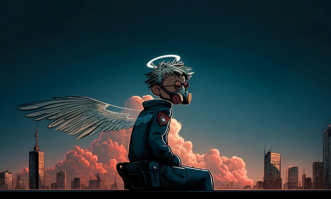 An anime-style digital illustration features a character with white hair, angel wings, a halo, and a gas mask, sitting contemplatively on a rooftop overlooking a city skyline at dusk with pink clouds.
