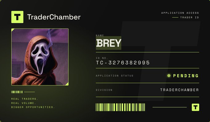 A TraderChamber application access card displays trader ID BREY (TC-3276382995) with a pending application status under the TraderChamber division, featuring an ominous Ghostface-style hooded figure. The card's tagline "Real Traders. Real Volume. Bigger Opportunities" ties into the post's theme of showcasing authentic trading skills to gain entry into the platform.
