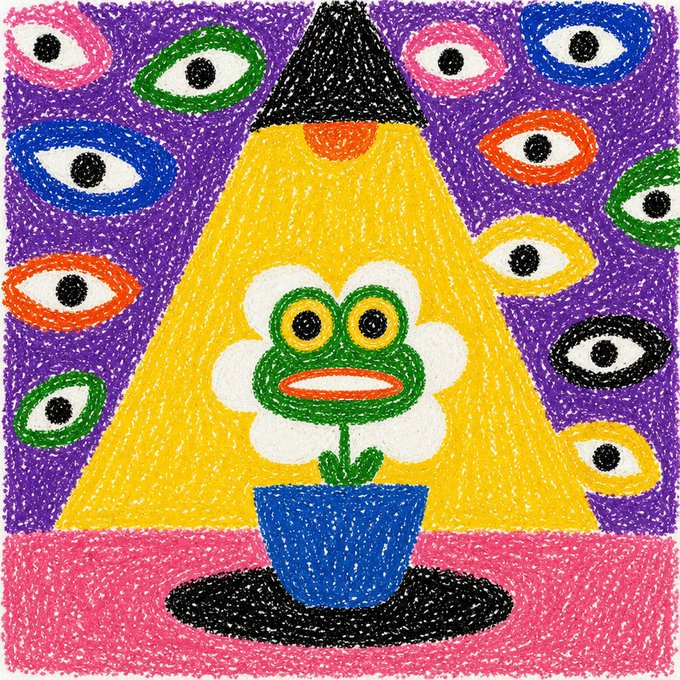 A colorful, hand-drawn style illustration features a smiling flower in a blue pot under a yellow spotlight, set against a purple background filled with various colorful eyes.