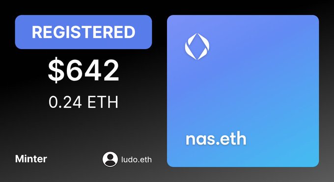 An NFT minting screen displays 'REGISTERED', '$642', '0.24 ETH', with the 'nas.eth' ENS domain and the minter 'ludo.eth' shown on a blue card.