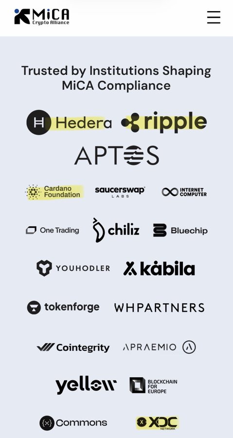 The image shows a webpage from "MiCA Crypto Alliance" with the heading "Trusted by Institutions Shaping MiCA Compliance," displaying partner logos including Hedera, Ripple, Aptos, Cardano Foundation, and Sauceswap Labs, among others. This relates to the post's claim about XRP, ADA, and HBAR all targeting banking, as Hedera (HBAR), Ripple (XRP), and Cardano (ADA) are prominently featured among the institutional partners in the MiCA compliance framework.