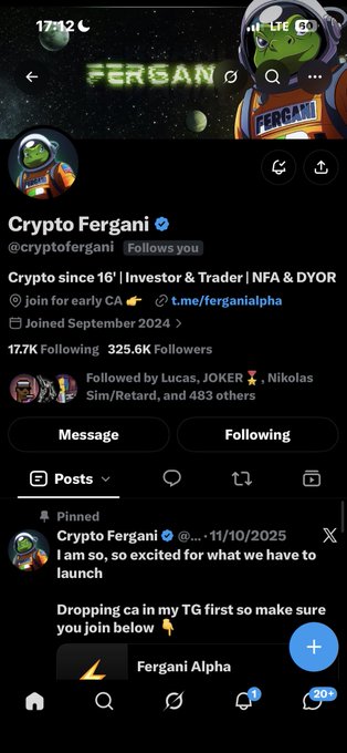 Twitter/X profile of 'Crypto Fergani' (@cryptofergani), a crypto influencer since 2016, with 325.6K followers and a pinned tweet announcing an upcoming launch.