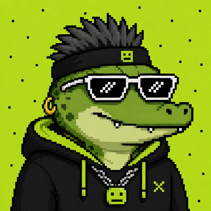 A pixel-art style green crocodile or alligator character wearing a black headband with a smiley face, pixelated sunglasses, a gold earring, and a black hoodie with a smiley face pendant, set against a lime green background with black dots.