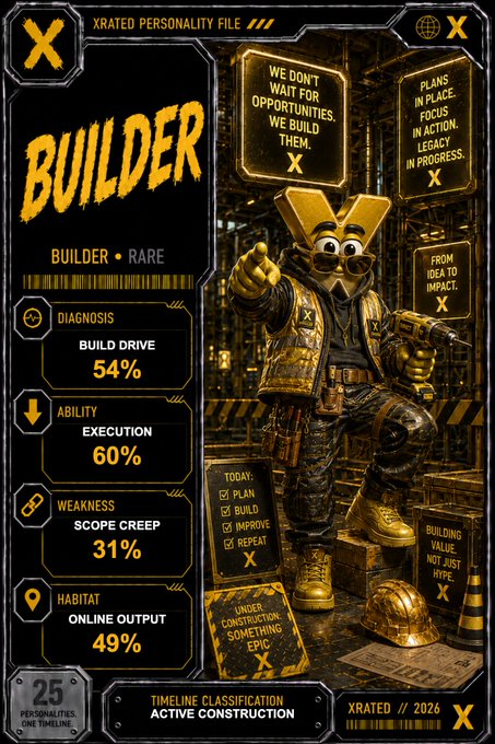 An 'XRATED PERSONALITY FILE' trading card-style graphic featuring a character named 'BUILDER' with stats for Diagnosis (54%), Ability (60%), Weakness (31%), and Habitat (49%), categorized as Builder Rare with Active Construction timeline.