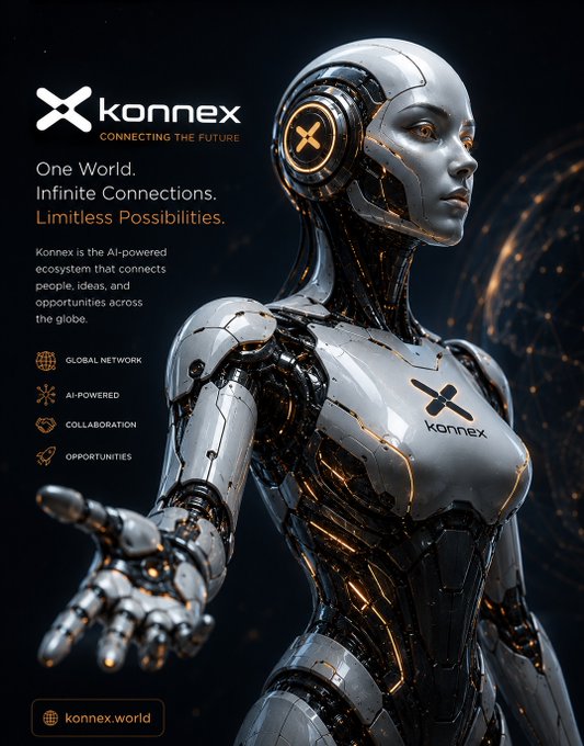 A promotional graphic for 'konnex - Connecting the Future' with the tagline 'One World. Infinite Connections. Limitless Possibilities.' describing it as an 'AI-powered ecosystem,' featuring a detailed white and black humanoid robot reaching forward.