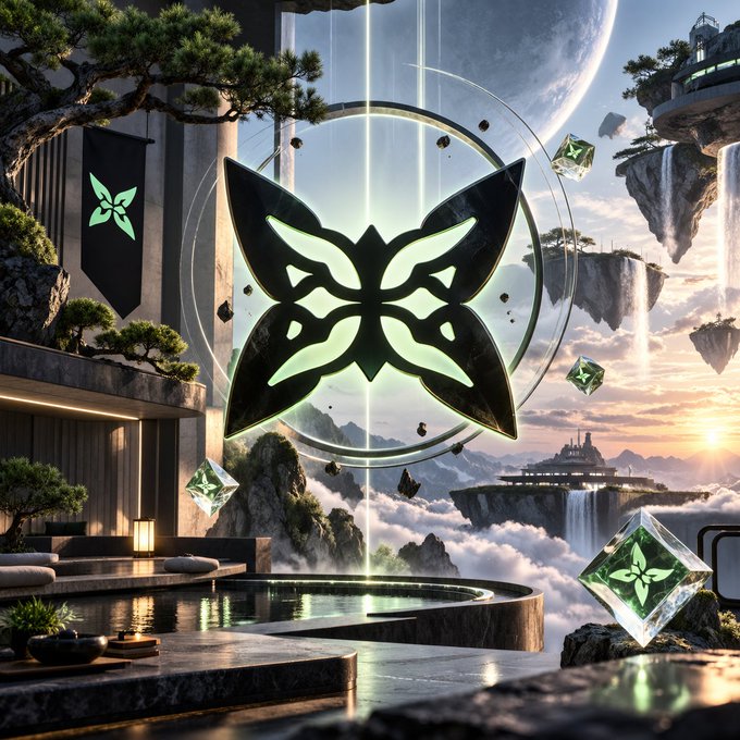 A fantasy digital artwork featuring a glowing green butterfly-like emblem floating above a pool in a serene mountain retreat with floating islands, waterfalls, and a large moon in the background.