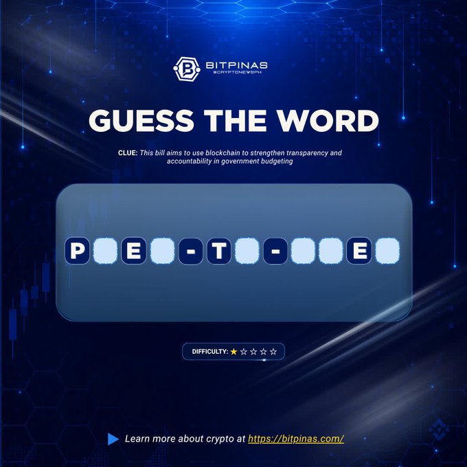 A 'Guess the Word' crypto puzzle graphic by BitPinas with the clue about using blockchain for government budgeting transparency, showing the partially solved word 'P_E_-T_-_E_' at 1-star difficulty.