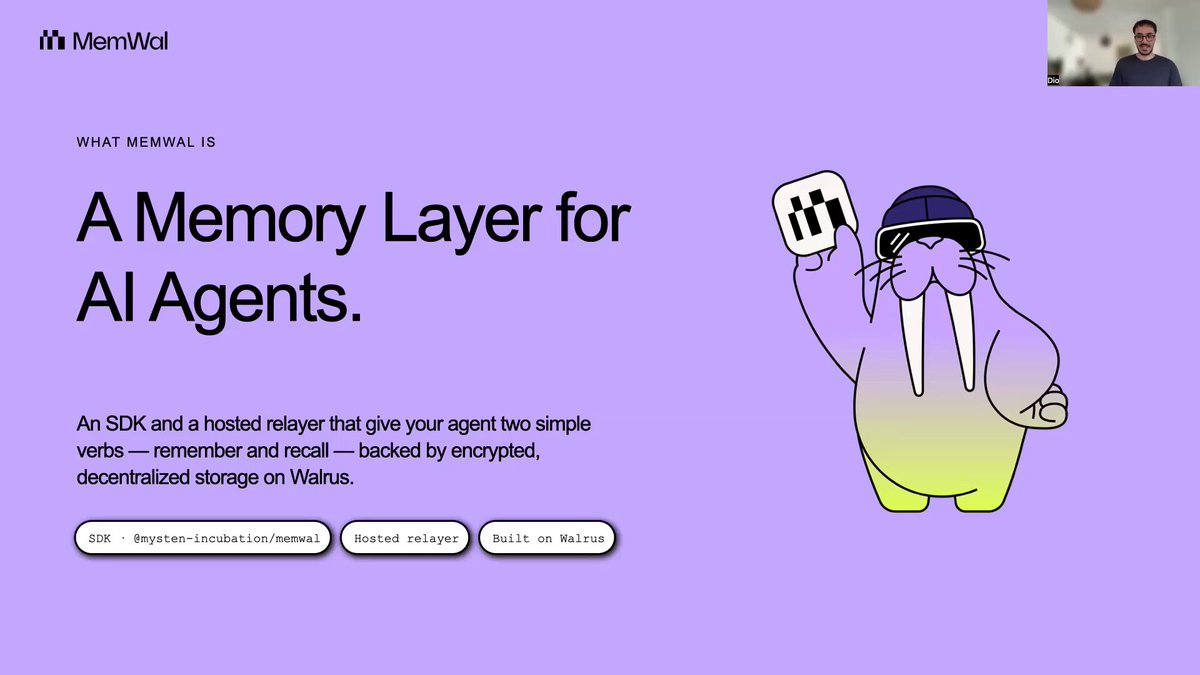 The image shows a presentation slide from an AI Agents workshop. The slide features a cartoon walrus holding up two signs, one of which says "What memory layer for AI agents?". The text suggests that the workshop focused on improving the memory capabilities of AI agents by using a technique called Memcached. This technique allows agents to remember information across sessions and provides a way to store data securely in a distributed manner.