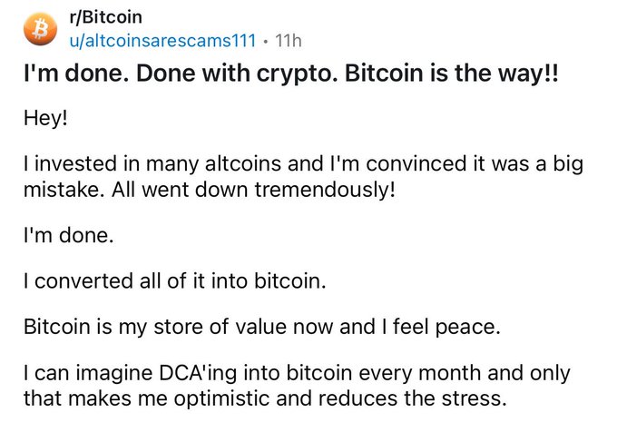 A Reddit post from r/Bitcoin by user u/altcoinsarescams111 titled "I'm done. Done with crypto. Bitcoin is the way!!" discussing their switch from altcoins to Bitcoin DCA.