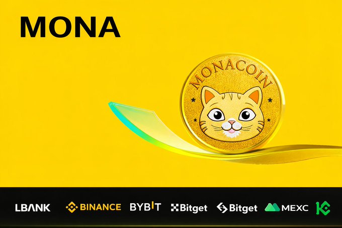 A gold MONACOIN token featuring a cartoon cat mascot is displayed against a vibrant yellow background, with "MONA" prominently written above and logos for LBank, Binance, Bybit, Bitget, MEXC, and OKX shown below. The image promotes a claimed $800,000 MONA airdrop for the first 5,000 participants, aligning with the post's call for follows, retweets, and likes from @Monasolanatoken.